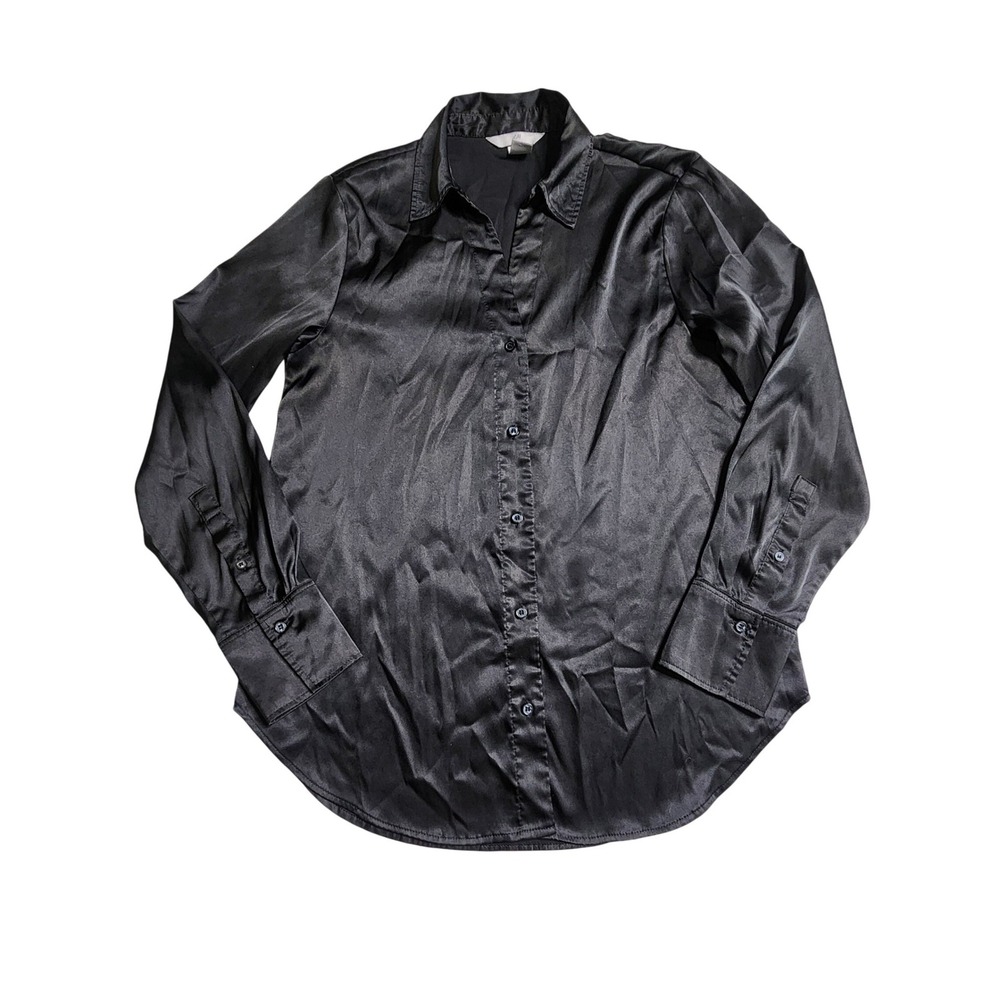 H&M Womens Black Satin Button Down Shirt Long Sleeve Collared Blouse Business S